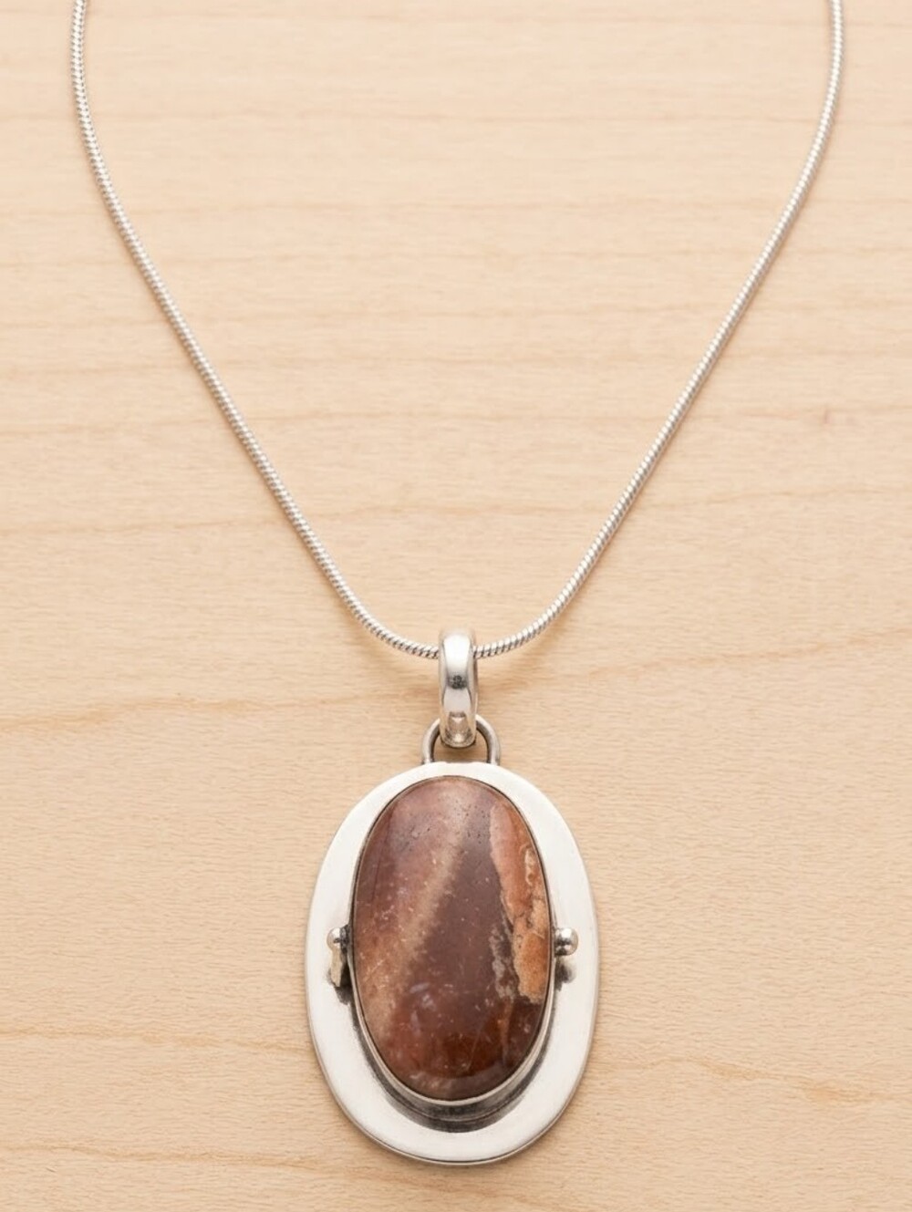 Silver Mocha Brown Oval Pendant Necklace